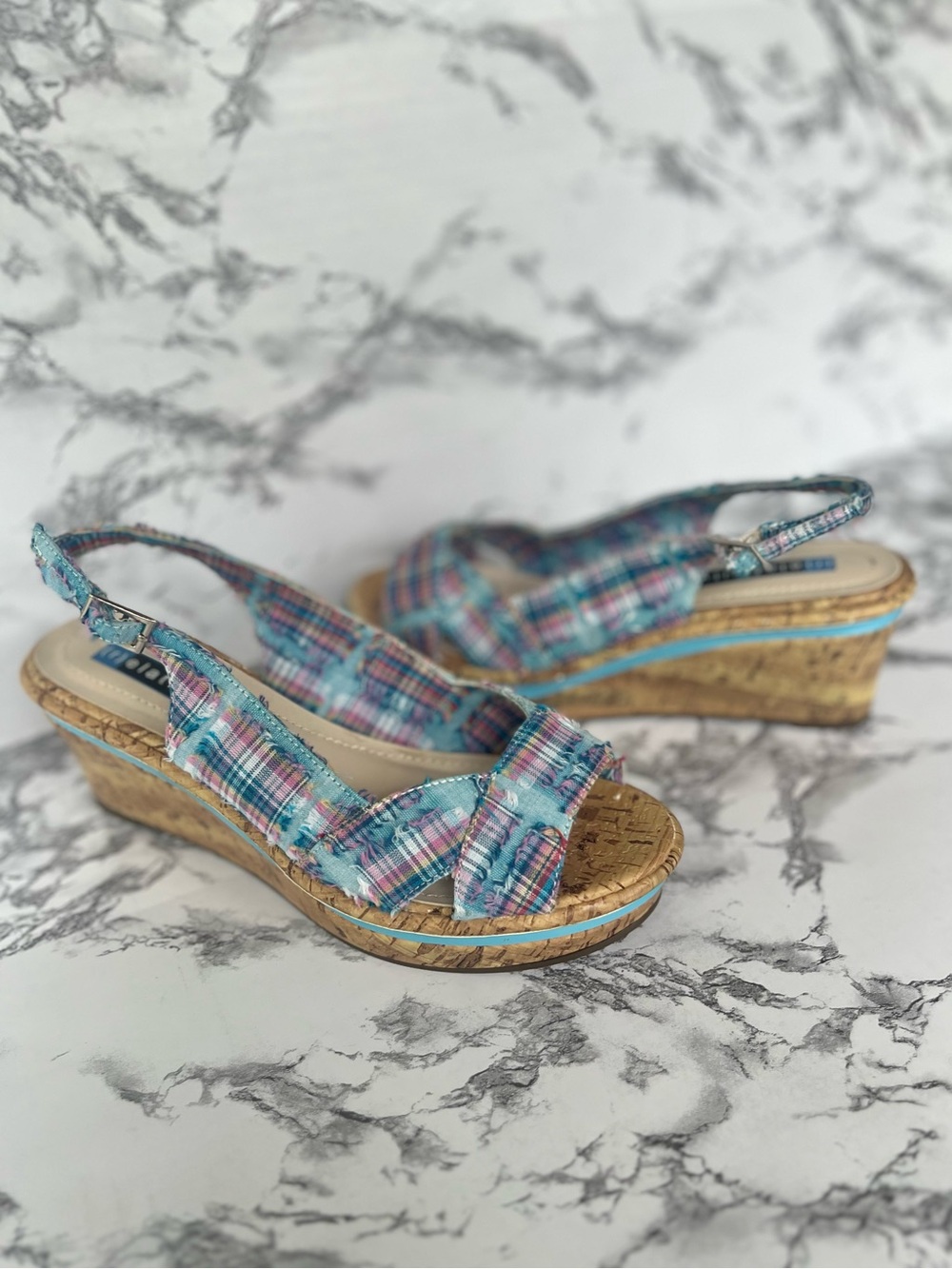 Relativity Sandals Plaid Gingham Blue Wedge Platform Cork Open Top 7.5 Preppy